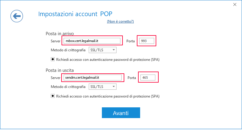 PEC Outlook configurazione 4.4